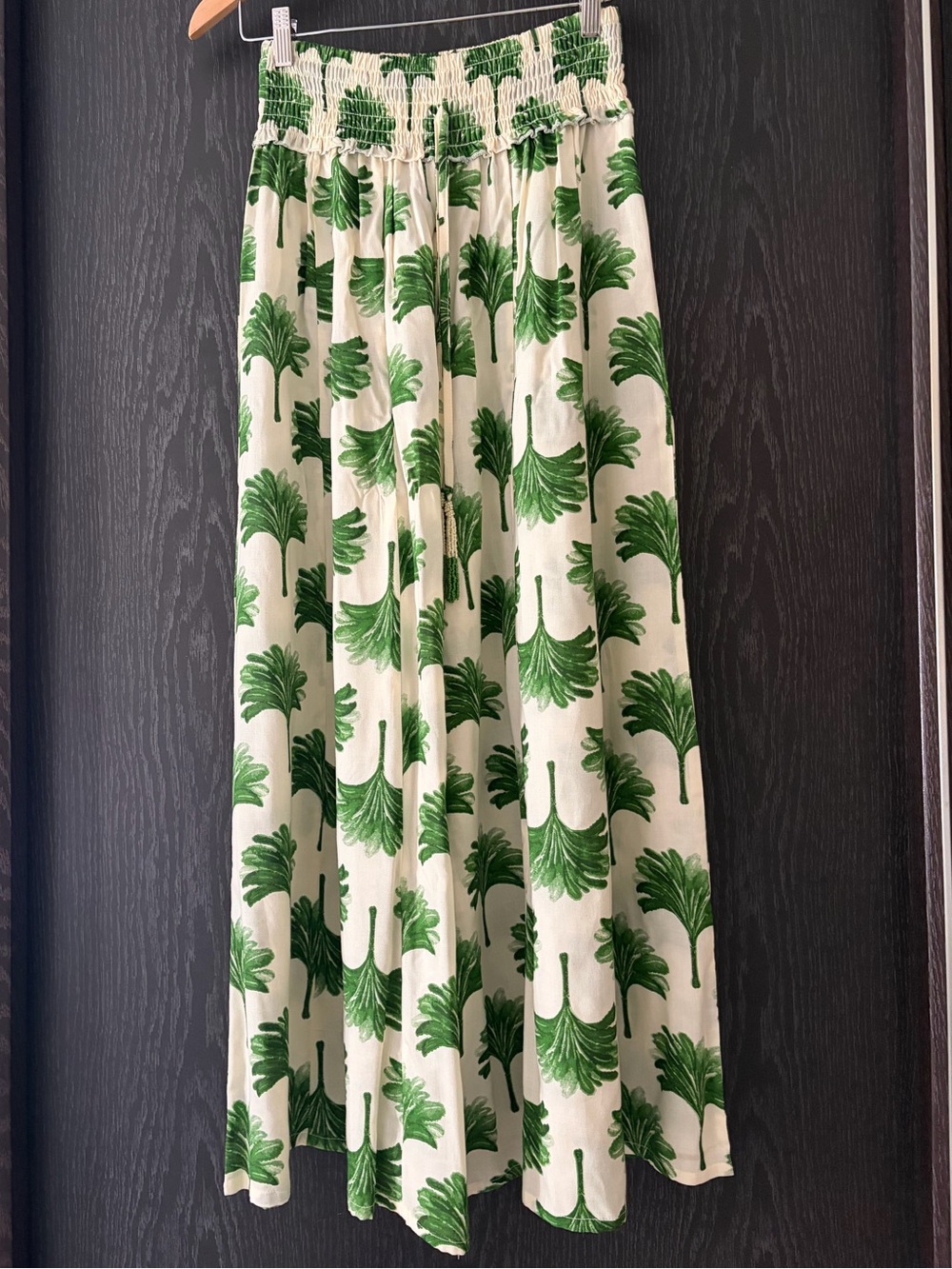 Cream Wide-Leg Pants with Green Leaf Print